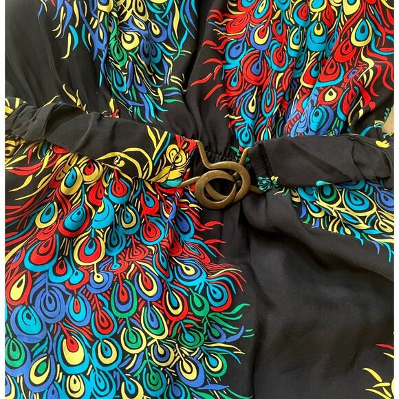 Rare Y2K 100% Silk Peacock Print Dress | Belted, Vintage Catwalk to Sidewalk, L - Picture 4 of 5